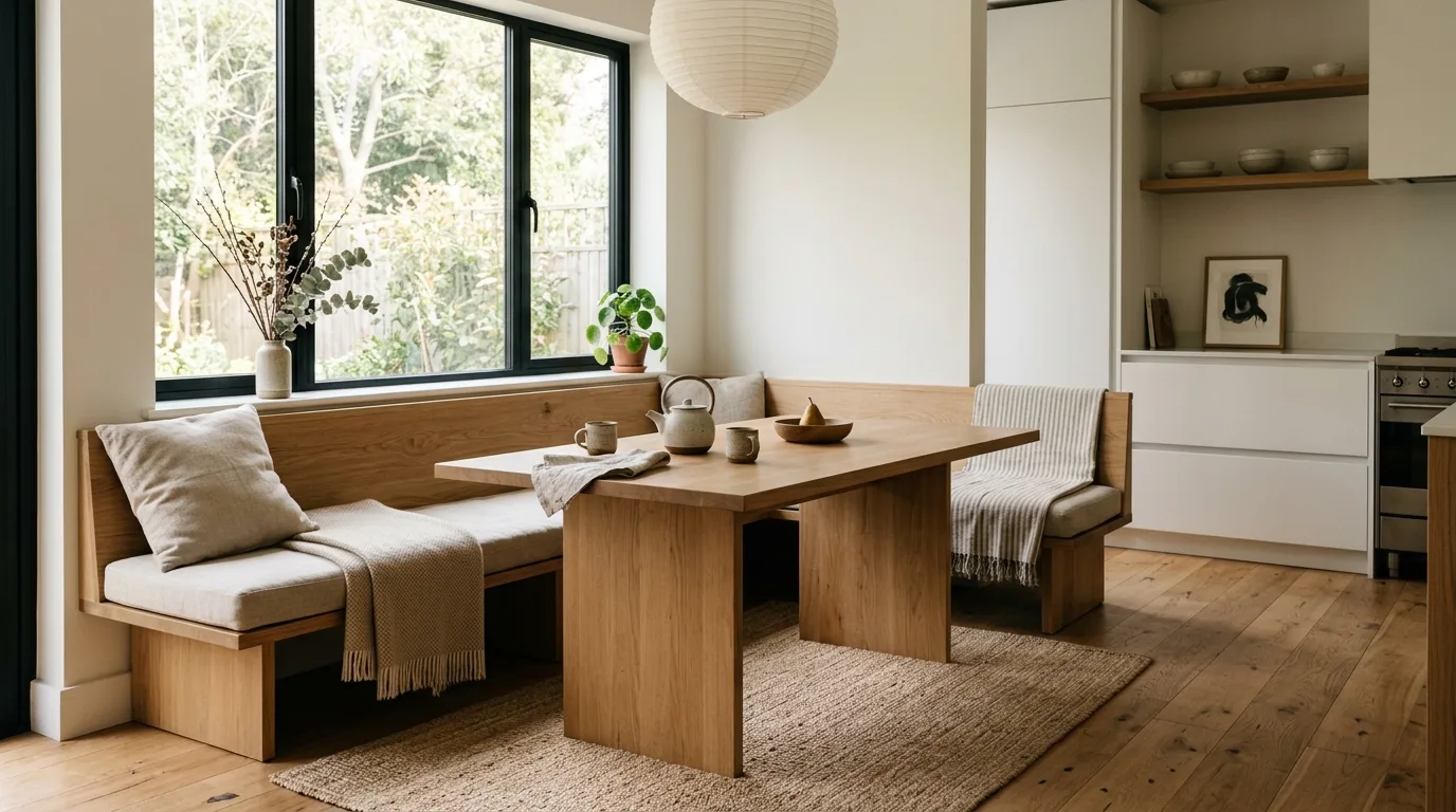 Use lighting that feels soft and architectural inspiration for a Japandi kitchen.